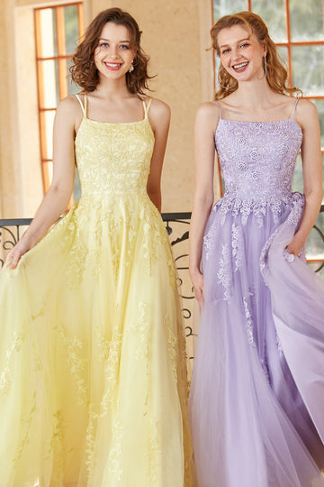 Línea A Tirantes de Espagueti Amarillo Vestido de Fiesta